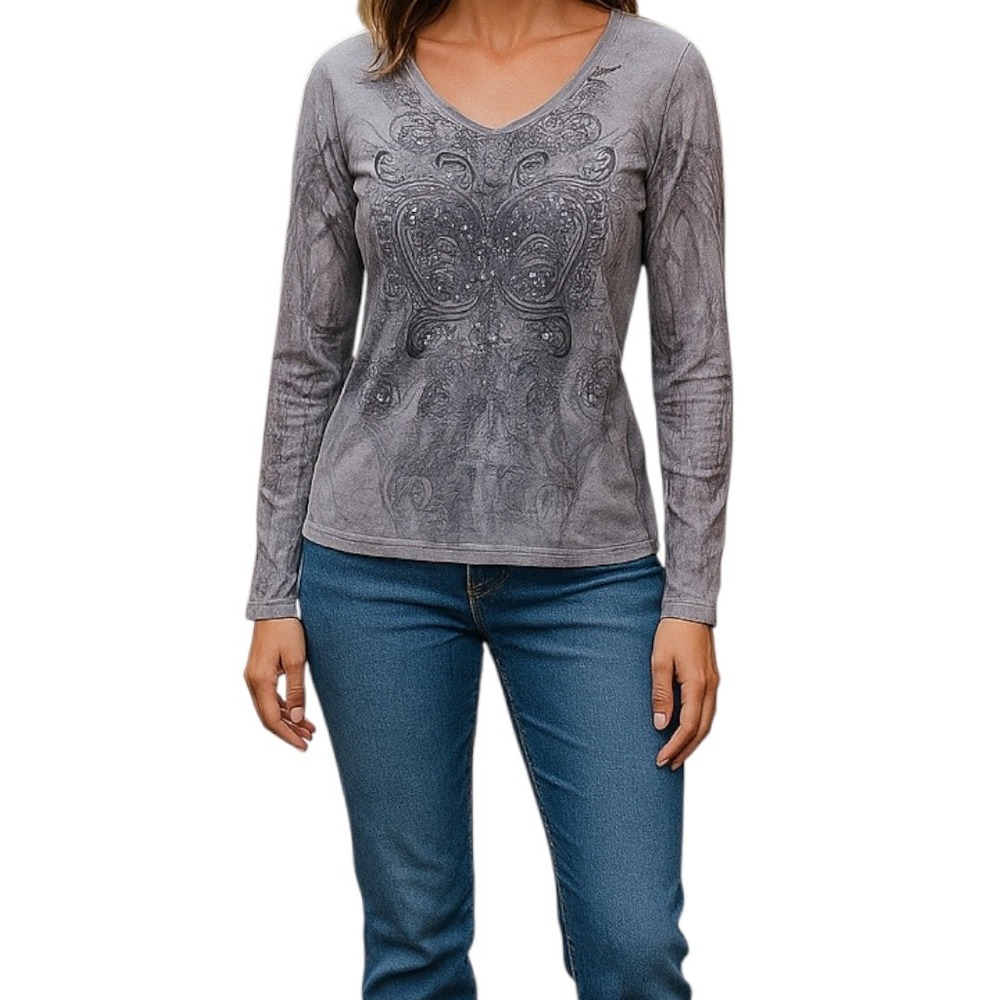 Green Source Embellished Top Gray Butterfly Y2K Grunge Rock Womens Large